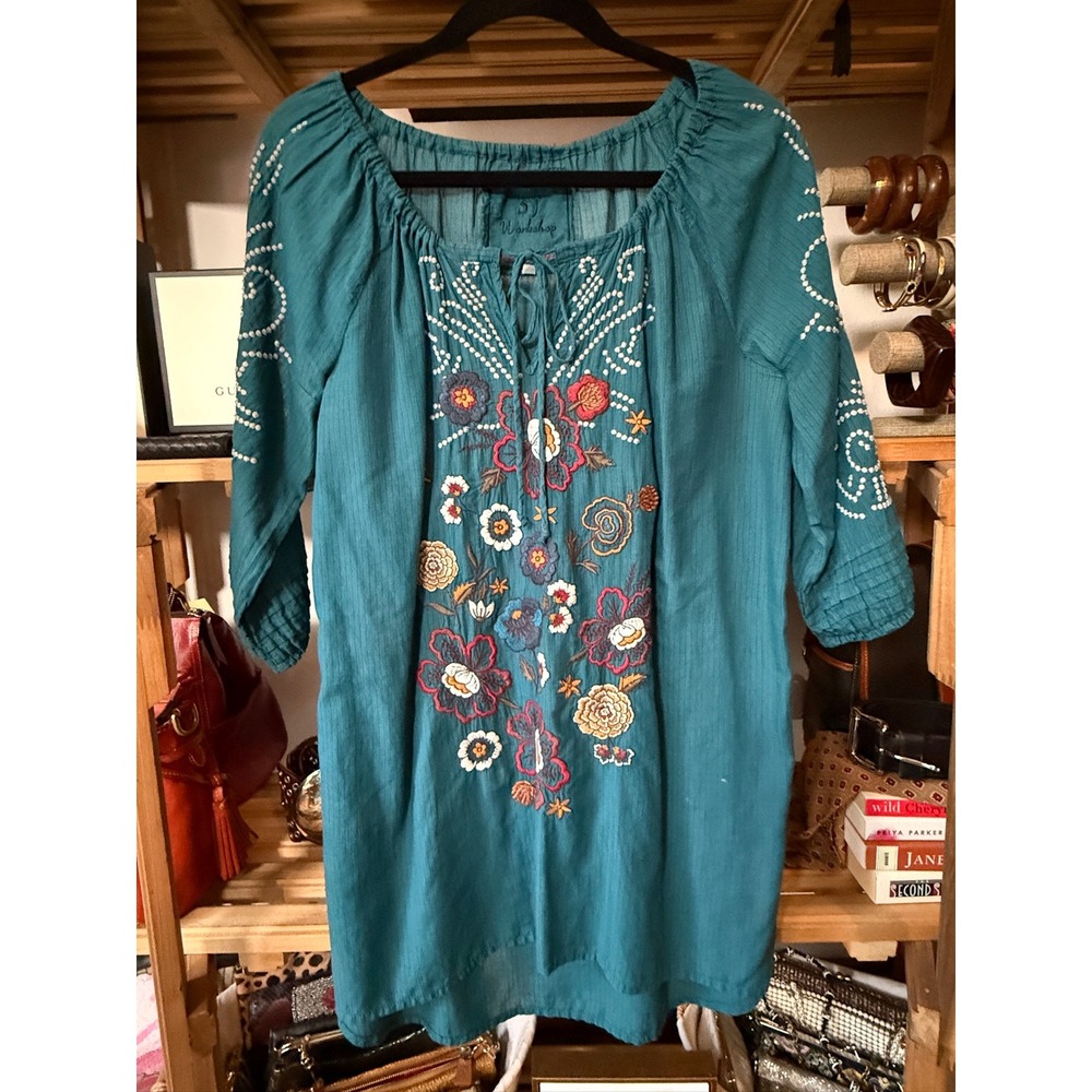 Johnny Was 3J Workshop Teal Blue Floral Embroidered Peasant Tunic Top Small